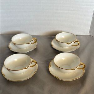 Limoges Haviland France Silver Anniversary Gold-Trimmed Cup & Saucer Set of 4